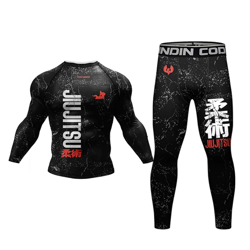 New Jiu Jitsu Rashguard MMA T-Shirt +Pants for Men 4Pcs/Set Brazilian Grappling Bjj Boxing Rash Guard Sport Clothing Gym Shorts