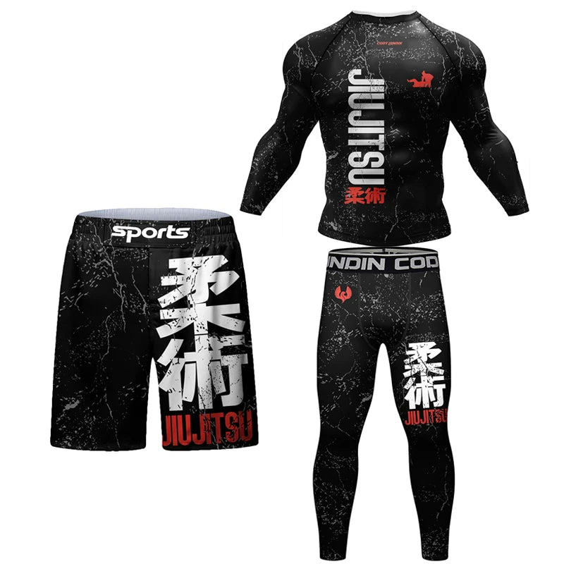 New Jiu Jitsu Rashguard MMA T-Shirt +Pants for Men 4Pcs/Set Brazilian Grappling Bjj Boxing Rash Guard Sport Clothing Gym Shorts