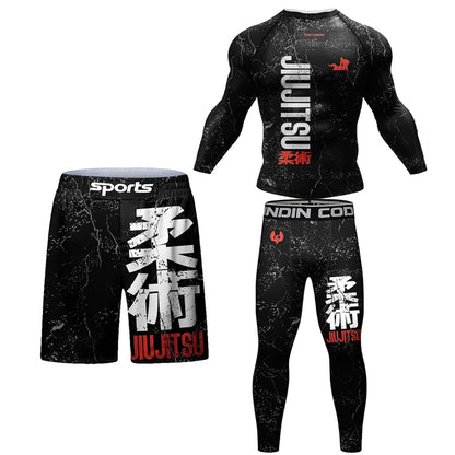 New Jiu Jitsu Rashguard MMA T-Shirt +Pants for Men 4Pcs/Set Brazilian Grappling Bjj Boxing Rash Guard Sport Clothing Gym Shorts
