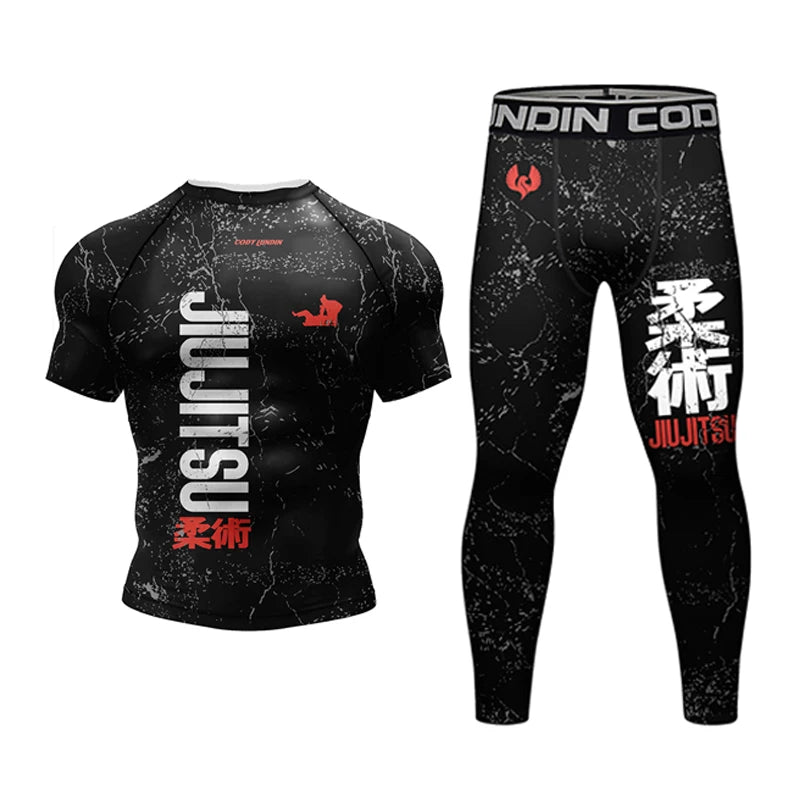 New Jiu Jitsu Rashguard MMA T-Shirt +Pants for Men 4Pcs/Set Brazilian Grappling Bjj Boxing Rash Guard Sport Clothing Gym Shorts