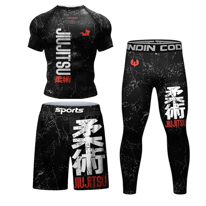 New Jiu Jitsu Rashguard MMA T-Shirt +Pants for Men 4Pcs/Set Brazilian Grappling Bjj Boxing Rash Guard Sport Clothing Gym Shorts