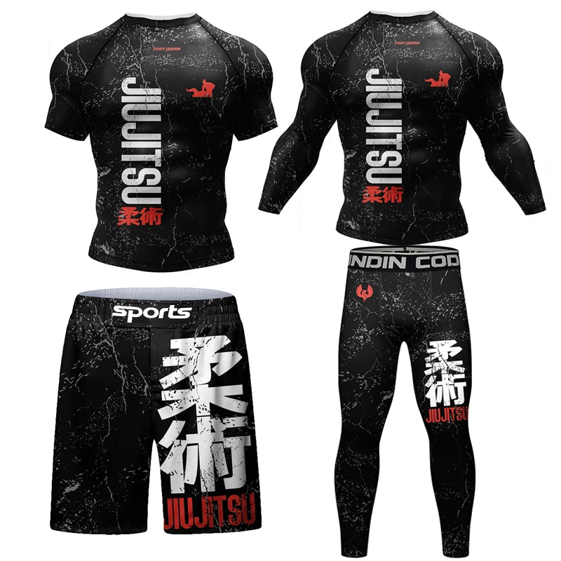 New Jiu Jitsu Rashguard MMA T-Shirt +Pants for Men 4Pcs/Set Brazilian Grappling Bjj Boxing Rash Guard Sport Clothing Gym Shorts