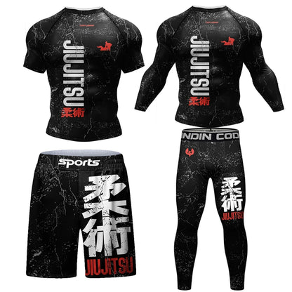 New Jiu Jitsu Rashguard MMA T-Shirt +Pants for Men 4Pcs/Set Brazilian Grappling Bjj Boxing Rash Guard Sport Clothing Gym Shorts