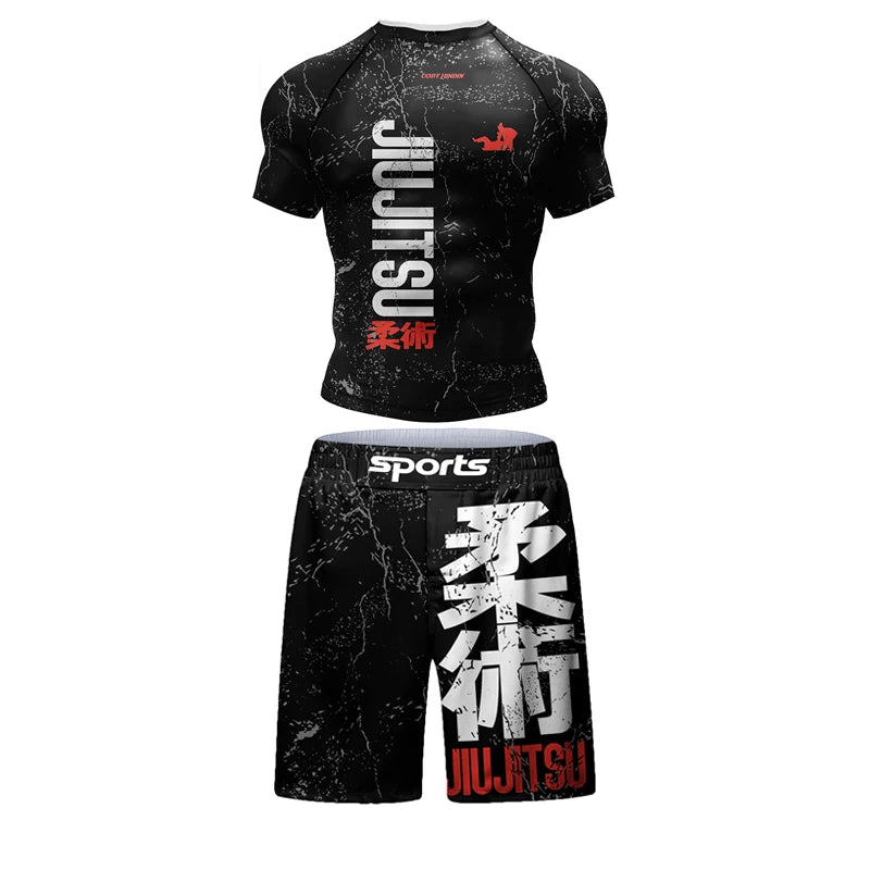 New Jiu Jitsu Rashguard MMA T-Shirt +Pants for Men 4Pcs/Set Brazilian Grappling Bjj Boxing Rash Guard Sport Clothing Gym Shorts