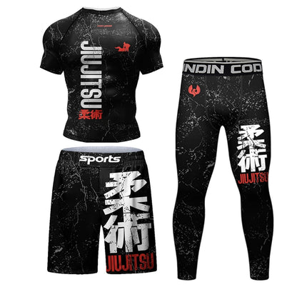 New Jiu Jitsu Rashguard MMA T-Shirt +Pants for Men 4Pcs/Set Brazilian Grappling Bjj Boxing Rash Guard Sport Clothing Gym Shorts